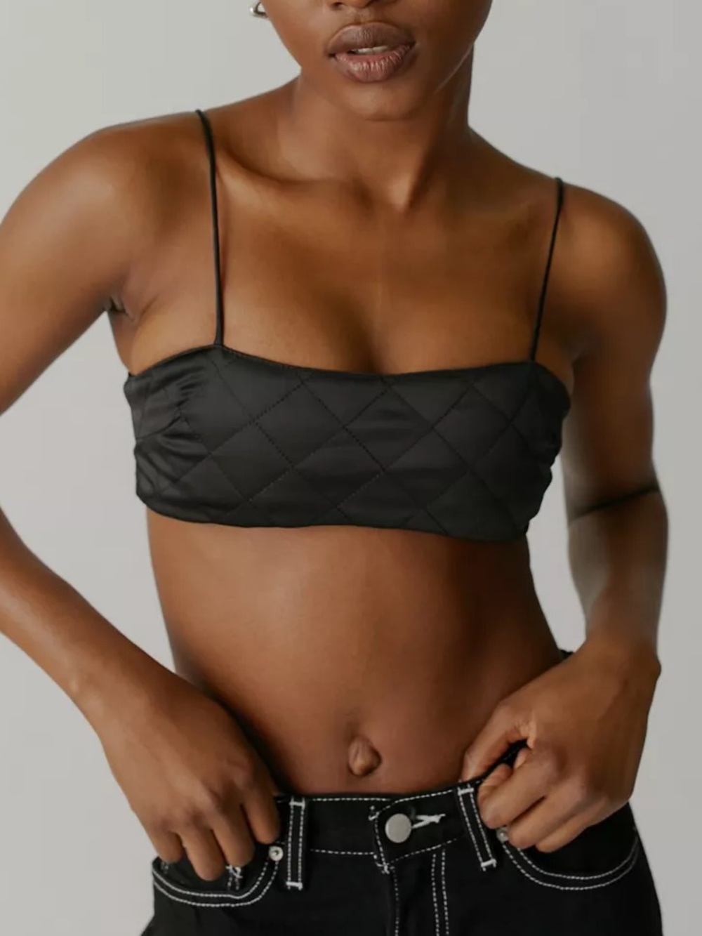 Lioness Black Quilted Satin Crop Bralette with Gold Zip Size Large NWT
